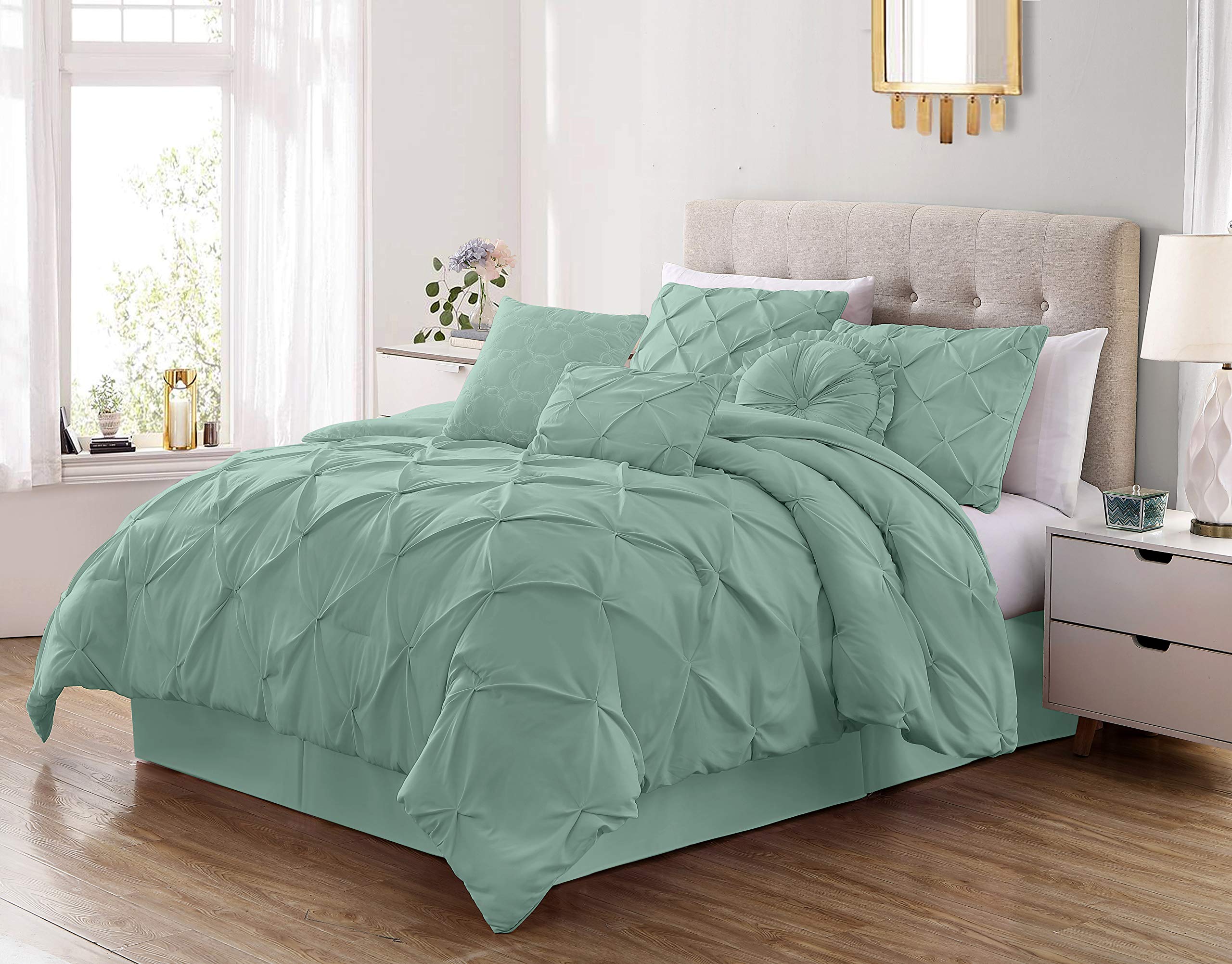 Chezmoi Collection Sydney 7-Piece Pinch Pleat Pintuck Bedding Comforter Set (Queen, Seafoam Green)
